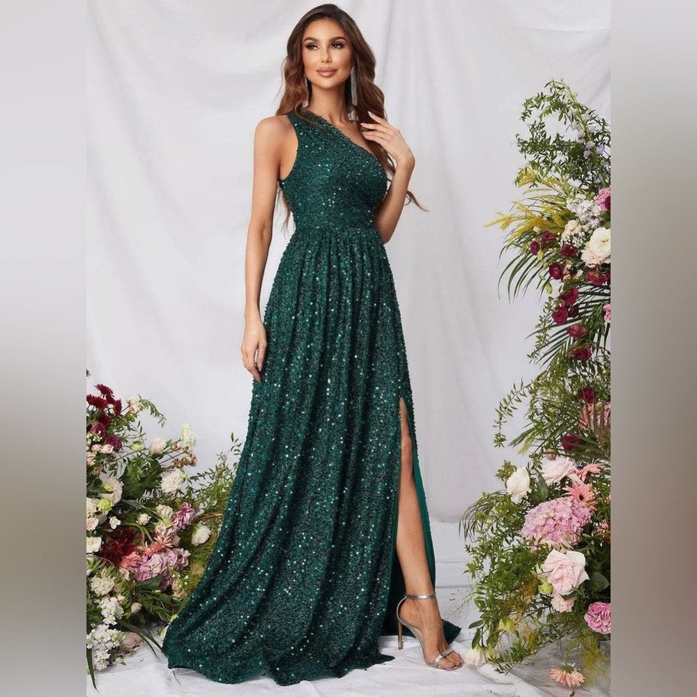 Faeriesty Sequin Gown Dress Size L Green One Shoulder Prom Weeding Dress Pleated - Picture 2 of 14